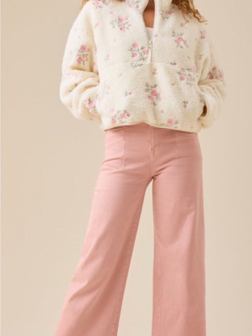 ALTARD STATE Cozy Floral Sherpa Half-Zip Jacket - Cream with Pink Roses - Picture 6 of 8